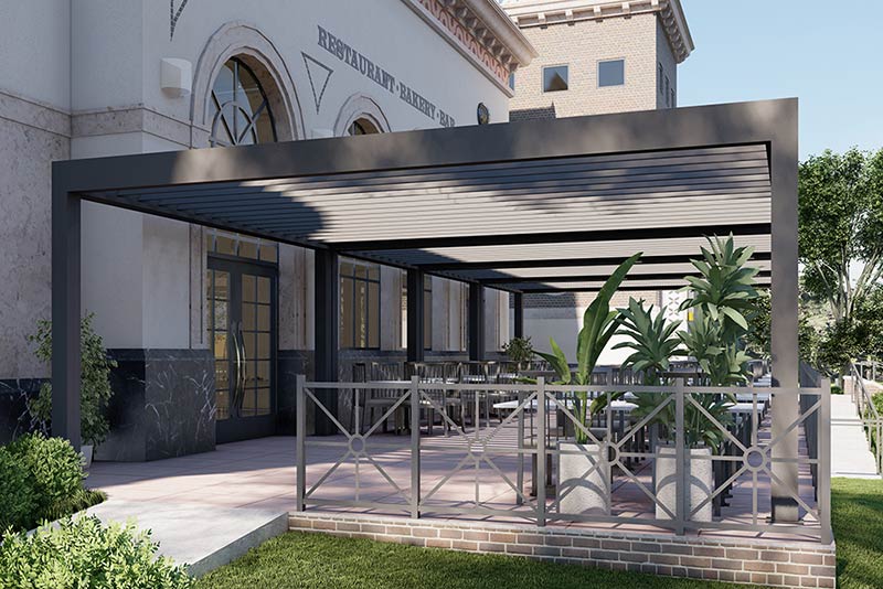 The R-BREEZE™ pergola tailored to your commercial needs, blending seamlessly with any architectural style.